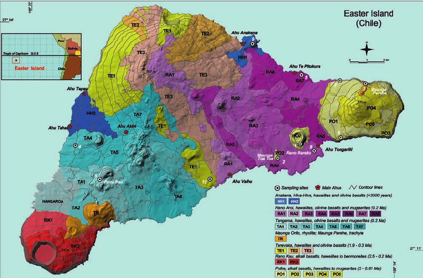 Geological-map-of-Easter-Island-Chile-draped-on-the-shaded-relief-image-Digital Ilha de Páscoa: Mistérios e segredos de Rapa Nui